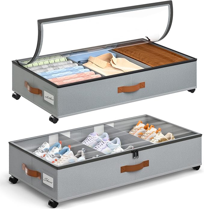 Yecaye Under Bed Storage with Wheels, 2Pack Under Bed Storage Containers and 2Pack Under Bed Shoe Storage Organizer Grey