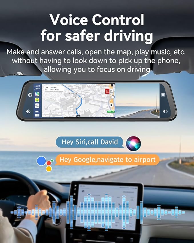 12'' Rearview Mirror Camera with CarPlay&Andorid Auto,4K Mirror Dash Cam Front and Rear Backup Camera with Reverse Assist/Loo