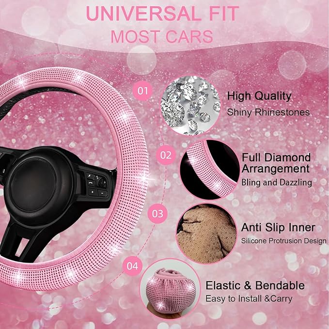 NBTEPEM 30 Pcs Pink Bling Car Accessories Set for Women, Pink Steering Wheel Cover Set, Bling Console Cover, Seat Belt Cushion, Shift Knob Cushion, Cup Coaster, Rhinestone Car Hanging Accessories