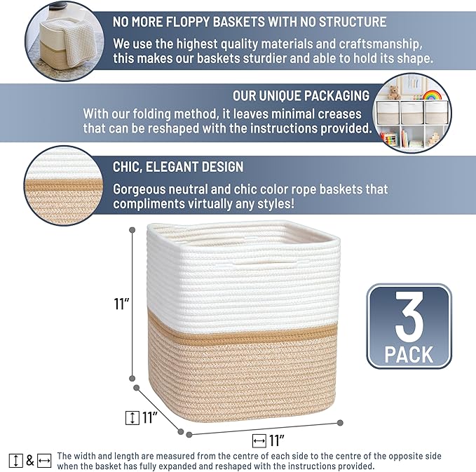 NaturalCozy Storage Cubes 11 Inch Cotton Rope Woven Baskets for Organizing, 3-Pack | Cube Storage Bin | Square Storage Basket