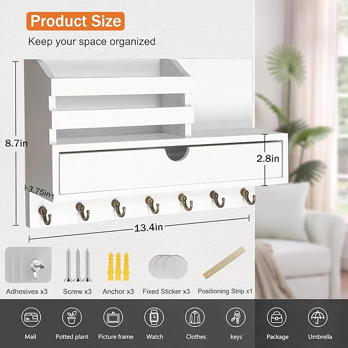 dreampossible Key and Mail Holder for Wall, Mail Organizer Wall Mount with 6 Hooks and Storage Drawer, Wooden Key Rack Hanger
