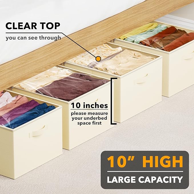 SpaceAid 4 Pack 10" High Under Bed Storage Containers, Large Underbed Storage Organizer Bins with Lids for Bedroom, Dorm, Clo
