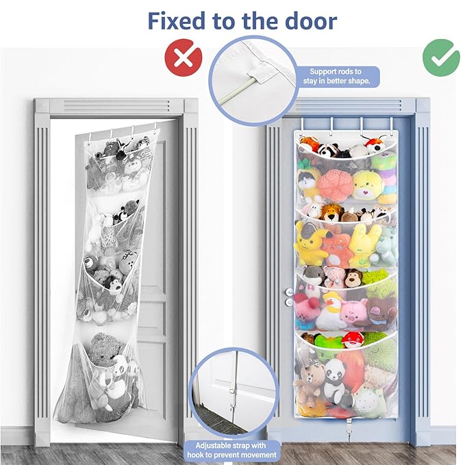 Woodoulogy Hanging Stuffed Animal Storage, Over Door Large Plush Toy Organizer with Metal Hook, Baby Accessory Holder Idea fo