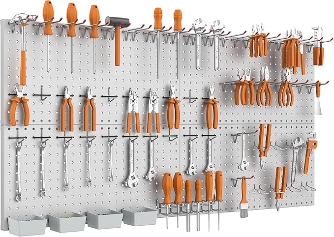 WALMANN Metal Pegboard Kit with Accessories for Wall Garage Tools Storage Pegboard for Garage, Workbench, Modular Peg Board T