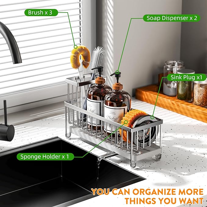 Cisily Sponge Holder for Kitchen Sink, Sink Caddy Organizer with High Brush Holder, Kitchen Countertop Organizers and Storage