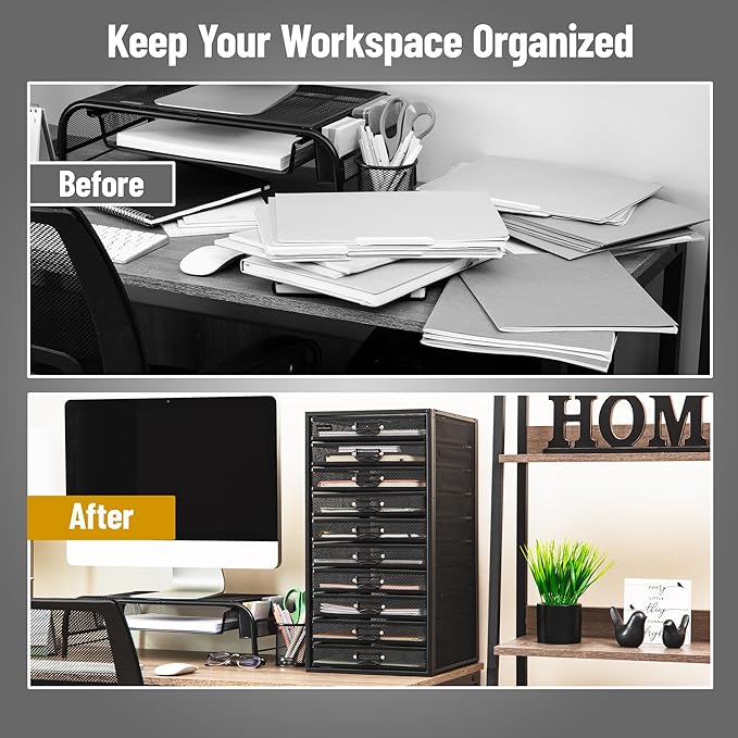 Mind Reader 10-Drawer Desk Organizer for Office Supplies, Crafts, Mail Sorting & More, Metal Mesh, 10.75"L x 14"W x 21.25"H, 