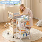 Baby Diaper Caddy Cart, 4-Tier Diaper Caddy Organizer and Storage, Rolling Utility Cart for Baby Supplies, Diaper Cart with W