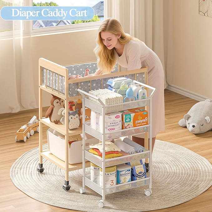 Baby Diaper Caddy Cart, 4-Tier Diaper Caddy Organizer and Storage, Rolling Utility Cart for Baby Supplies, Diaper Cart with W