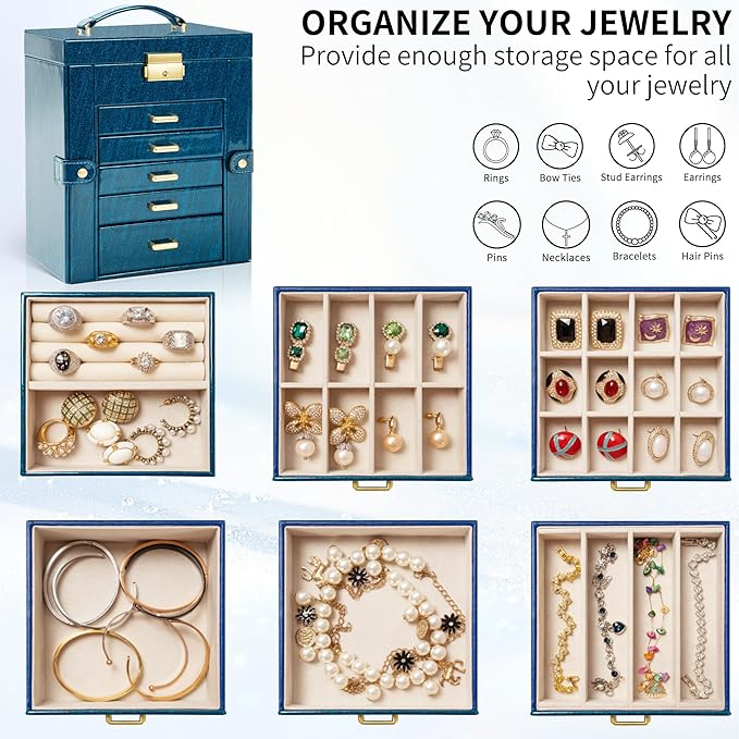AKOZLIN 6-Tier Jewelry Box Lockable Leather Jewelry Storage Case with 5 Drawers for Women Girls Ring Necklace Earring Bracele