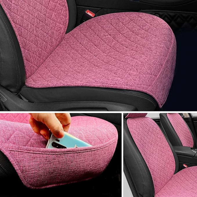 Linen Car Seat Cover - Non-Slip & Breathable - Universal Fit for Cars, Vans, SUVs, Trucks - 2 Units - Pink