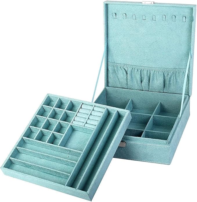 Two-Layer lint Jewelry Box Organizer Display Storage case with Lock (Blue)