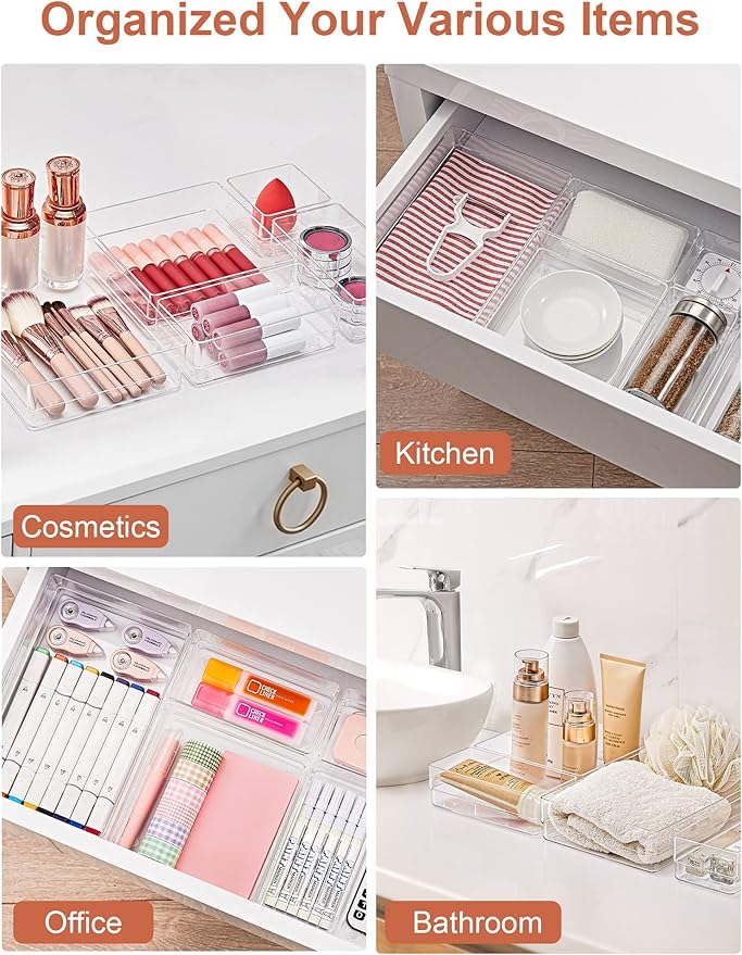 SMARTAKE 13-Piece Drawer Organizer with Non-Slip Silicone Pads, 5-Size Desk Drawer Organizer Trays Storage Tray for Makeup, J