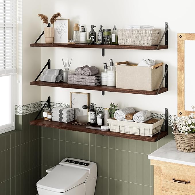Floating Shelves for Wall, 36W x 8D Wide Bookshelf with Brackets Set of 3, Wood Wall Mounted Shelves for Living Room, Kitchen