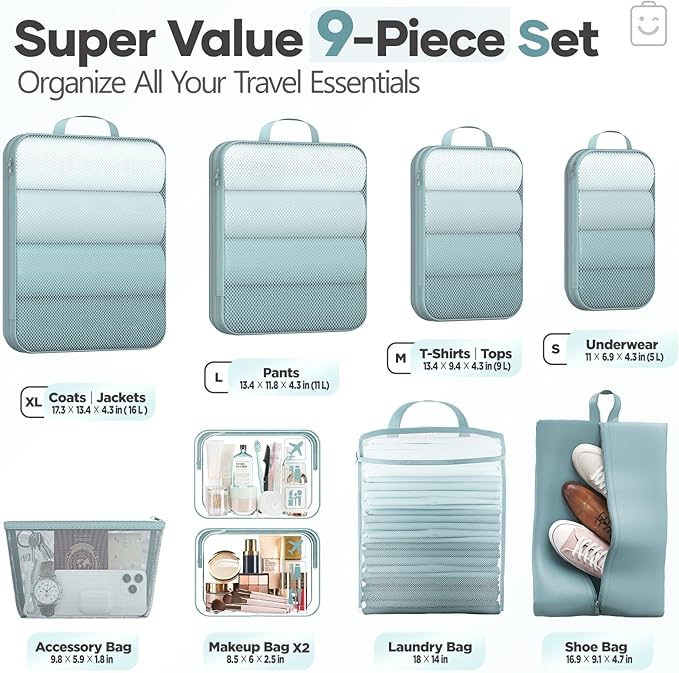 Veken 9/11 Set Compression Packing Cubes for Travel Essentials,Compressible Expandable Large Luggage Suitcase Organizer Bags 