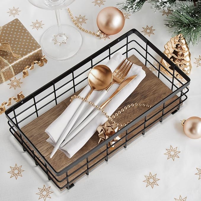 TJ.MOREE Small Metal Wire Basket, Decorative Wood Base Organizer for Bathroom, Kitchen, Basket for Toilet Paper Storage, Suga