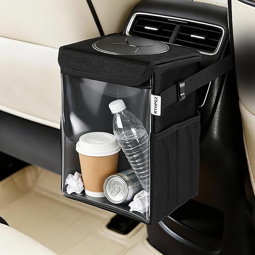 Ryhpez Car Trash Can with Clear Window, Multipurpose Car Organizer Storage for Baby Travel Essentials, Leakproof Car Garbage Bin with Removable Liner for Backseat Console (2.1Gallon/8L)