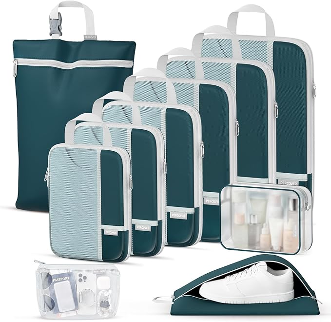 Percover Compression Packing Cubes 10-Piece Set, Packing Cubes Compression for Travel with Toiletry Bag, Laundry & Shoe Bag, 