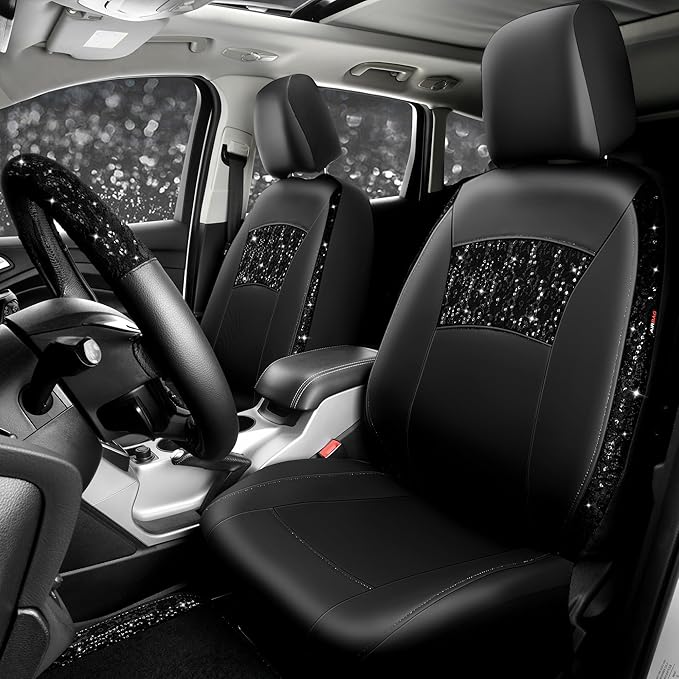 CAR PASS Universal Black Leather Lace Car Seat Covers Full Set for Women Girls,Waterproof Car Floor Mats Carpet,Glitter Steer