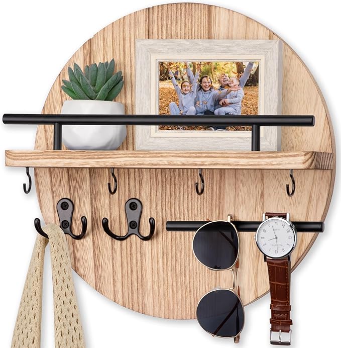 Nekon Key Holder Wall Mount, 11.8 Inch Key Rack with Shelf and 6 Key Hooks, Rustic Key and Mail Organizer, Circular Wooden Ke