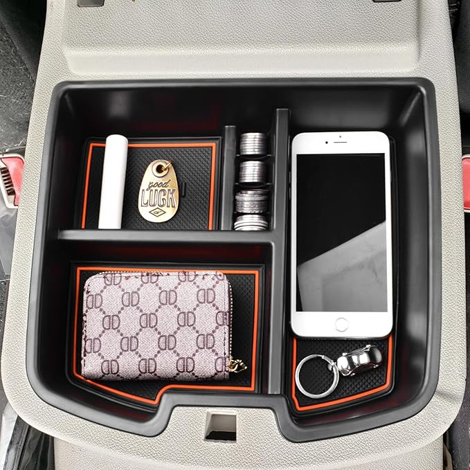 Center Console Organizer Compatible with 2007-2014 Chevy Silverado GMC Sierra Avalanche Tahoe Suburban Yukon Yukon XL Accessories, Floor Mounted Center Console ONLY, Orange Trim