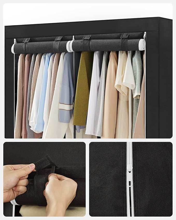 SONGMICS Portable Closet, Wardrobe Closet Organizer with Cover, 3 Hanging Rods and Shelves, 4 Side Pockets, 51.2 x 17.7 x 65.