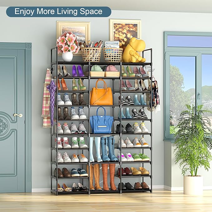 Kottwca 3 Row 10 Tier Large Shoe Rack Organizer for Closet Entryway, 60-65 Pair Shoe Boot Storage Rack, Metal Shoe Shelf Tall