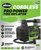 Slime 40086 Tire Inflator, Cordless, Pro Power, Portable Air Compressor Pump, Auto Shut-Off, Lithium Ion Battery and LED Light, Rechargeable, 3 min inflation