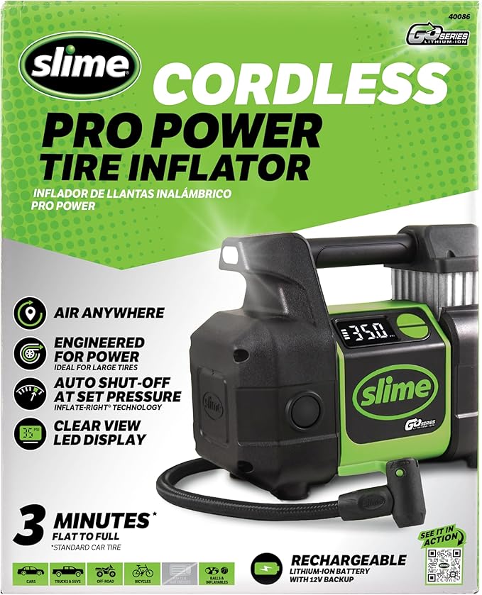 Slime 40086 Tire Inflator, Cordless, Pro Power, Portable Air Compressor Pump, Auto Shut-Off, Lithium Ion Battery and LED Light, Rechargeable, 3 min inflation