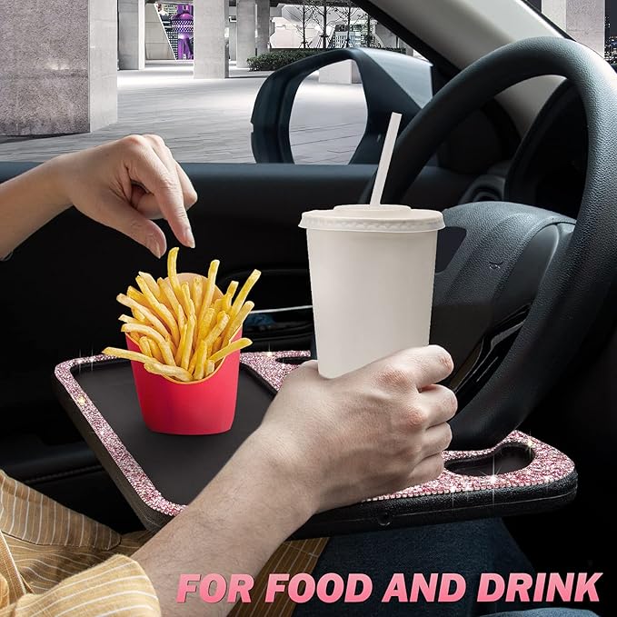eing Bling Auto Steering Wheel Desk, Laptop,Tablet, Notebook Car Travel Table, Food Eating Hook On Steering Wheel Tray, for Constant Travelers, Fits Most Vehicles Steering Wheels,Pink