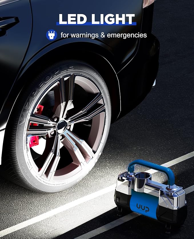 Tire Inflator Air Compressor, 150PSI 12V DC Double Cylinders Heavy Duty Portable Air Pump w/Emergency LED Light for Truck, SUV, Car, RV