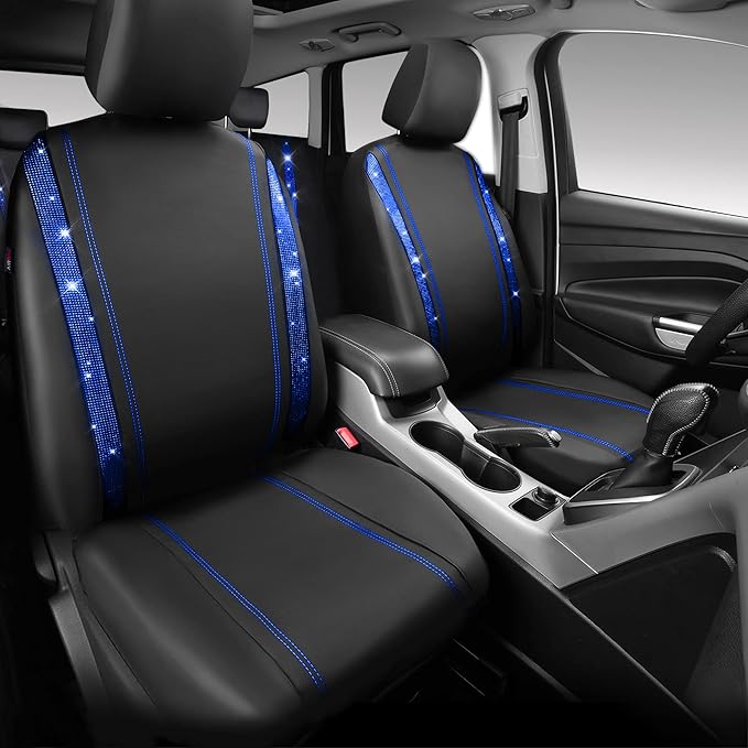 CAR PASS Bling Diamond Car Seat Covers Full Set, Shining Rhinestone Waterproof Faux Leather, Rear with Zipper, Universal Fit Automotive Glitter Crystal Sparkle Strips for Cute Women Girl, Blue