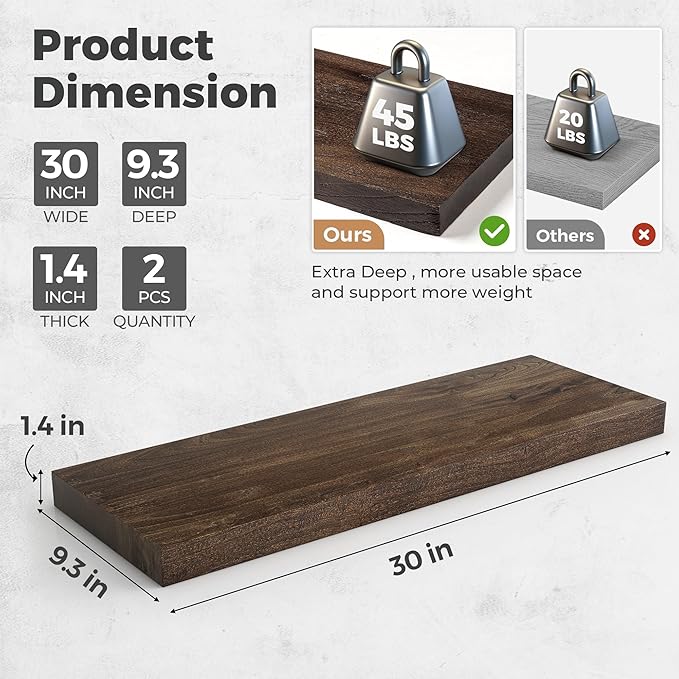 RICHFOCUS Elm Floating Shelves for Wall - 30" W x 9.3" D Rustic Solid Wood Shelves with Invisible Bracket, Wall-Mounted for L