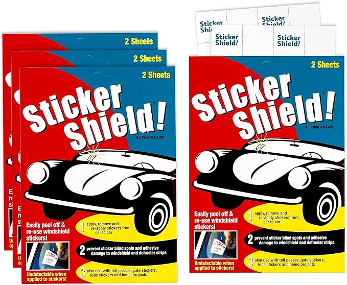 STICKER SHIELD - Windshield Sticker Applicator for Easy Application, Removal and Re-Application from Car to Car - 4 inch x 6 