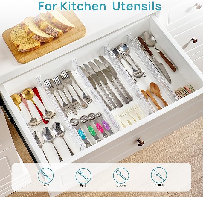 Vtopmart 8 Pack 2.36" Short Upgrade Drawer Dividers for Kitchen Drawer, 12.8"-22.3" Expandable Kitchen Drawer Organizer, Clea