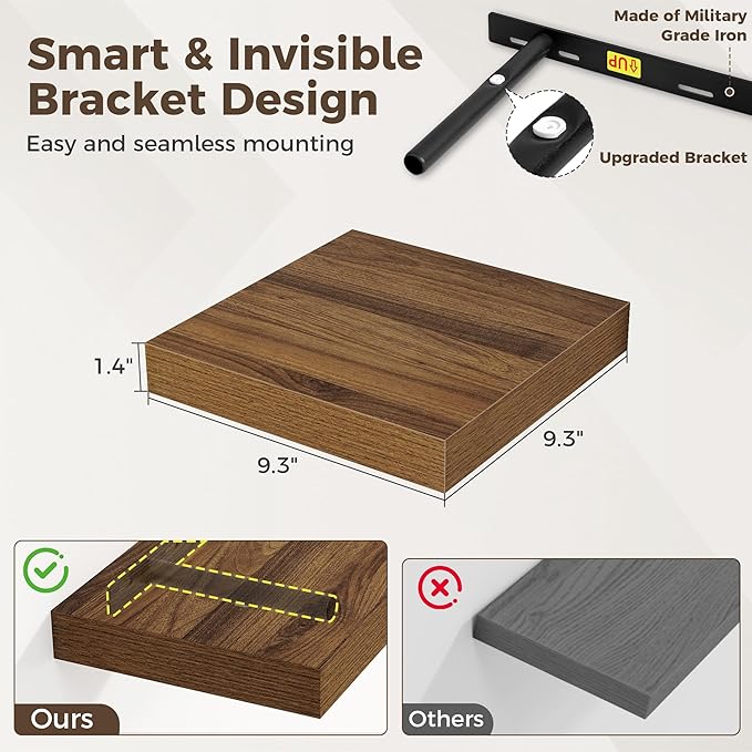 Fun Memories Square Floating Shelves for Wall, 9.3" W x 9.3" D x 1.4" H, Shelves for Wall with Invisible Brackets, Small Wood