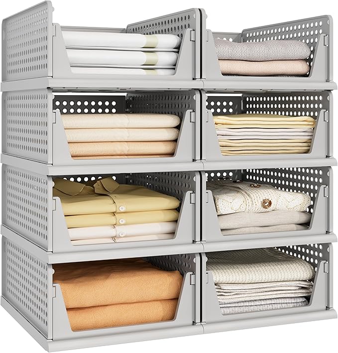Pinkpum 8 Pack Closet Organizers and Storage Plastic Stackable Storage Bins, Foldable Drawer Shelf Storage Container for Ward