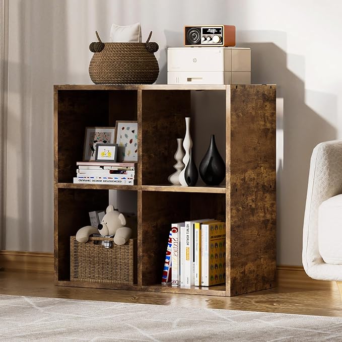 COMHOMA 4 Wood Cube Storage Organizer with Open Back and Removable Back Panels, 11In Brown Cube Storage Bookshelf, Cubicle Sh
