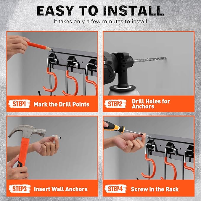ELEAD 68'' All Metal Adjustable Garden Tool Organizer: Garage Tool Organizer Wall Mount with Orange Hooks, Garage Organizers 