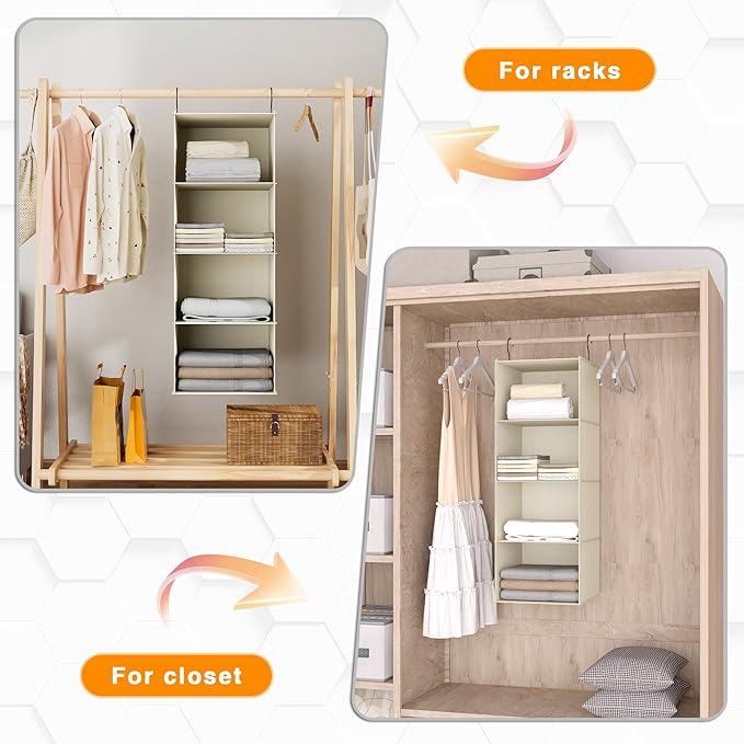 Hanging Closet Organizer, Easy Mount Foldable 4-Shelf Hanging Closet Wardrobe Storage Shelves, Clothes Handbag Shoes Accessor