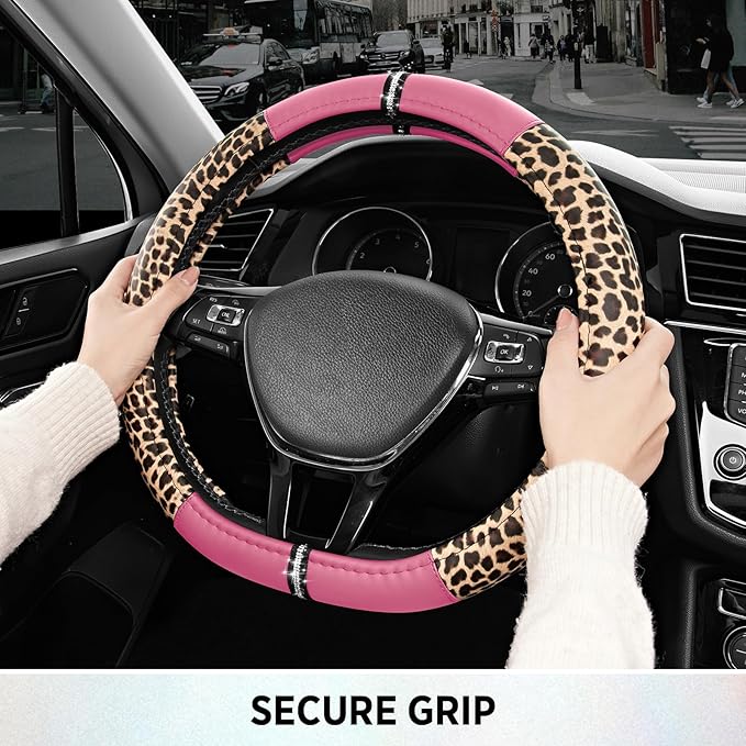 Road Comforts Leopard Steering Wheel Cover for Women, Cute Anti-Slip Microfiber Leather, Fits D Shape Flat Bottom Steering Wh