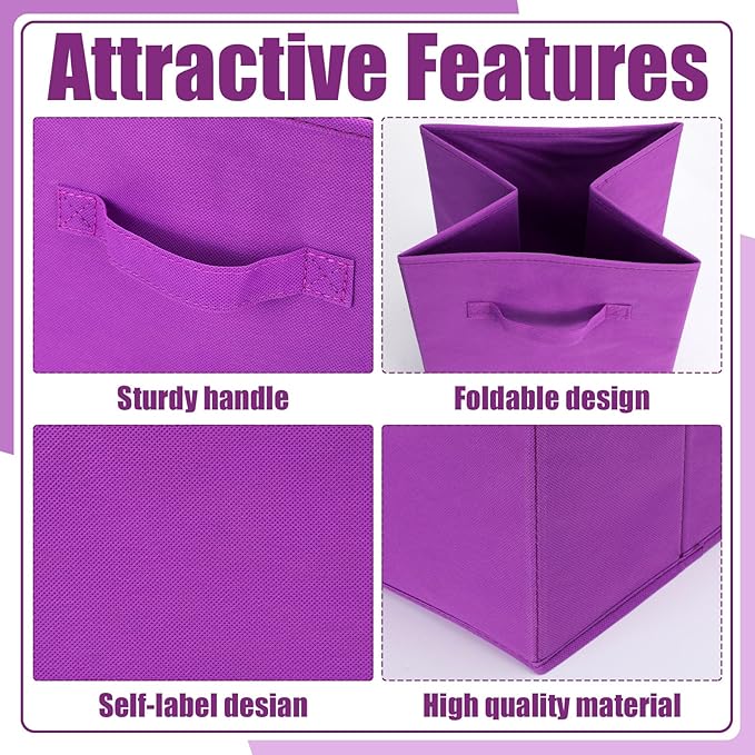 Karenhi 11" x 10.5" x 10.5" Purple Storage Cube, 6 Pack Fabric Cube Storage Bins Organizer Box, Collapsible Baskets with Hand