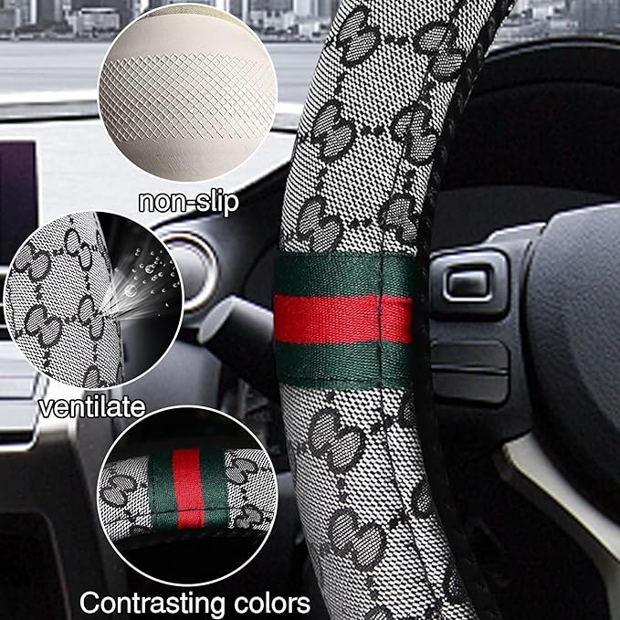 5PCS Steering Wheel Cover, with 2 Headrests, 2 Seat Belt Covers - Universal Fit for 14.5-15" Steering Wheel, Enhances Driving Experience - Perfect for Women (Gray)