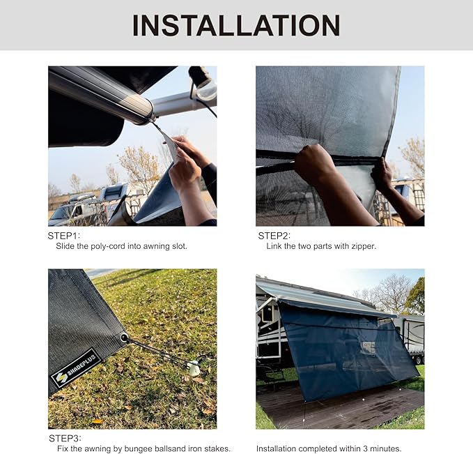RV Awning Sun Shade Screen 8'x10'3''(Fit for 11' Awning),Black Mesh Shade Screen with Zipper,Universal Trailer Camper Awning Screen with Complete Kits,Improves Shadow and Privacy.