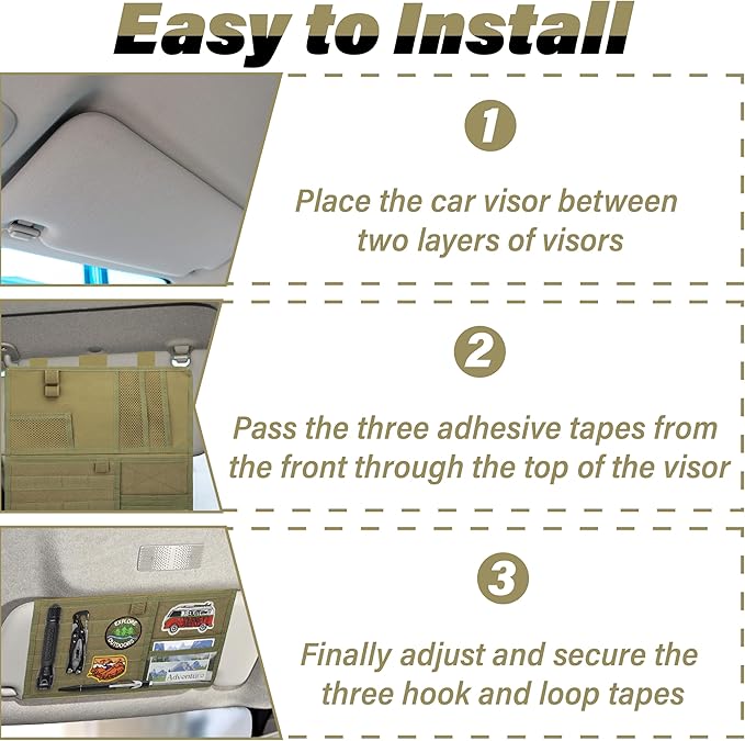 Tactical Visor Organizer, Car Visor Organizer, Sunvisor Organizers, Tactical Visors Cover Molle Webbing, Truck Accessories for Men, Car Sunshade Storage Pouch (Khaki)