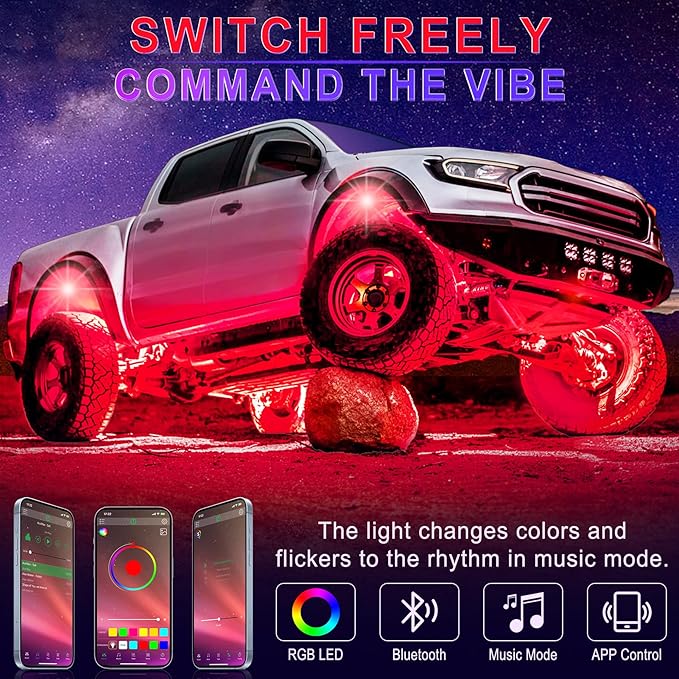 LivTee RGB LED Rock Lights Kit, 4 Pods Waterproof Underglow Neon Lights with Bluetooth App Control - Multi-Color & Music Sync Wheel Light for Trucks SUV UTV ATV RZR Golf Cart