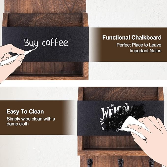 Key and Mail Holder for Wall, Key Holder with Chalkboard and Long Storage Box, Key Hanger with 3 Sturdy Hooks for Coat, Dog L