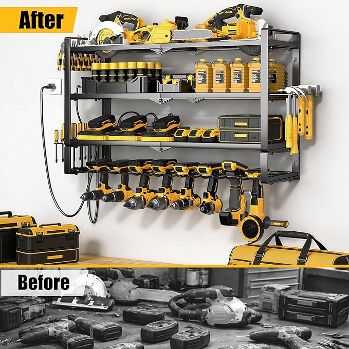 MOOMSINE Large Power Tool Organizer Wall Mount with Charging Station, 400lbs Metal Storage Rack with 8 Cordless Drill Holder,
