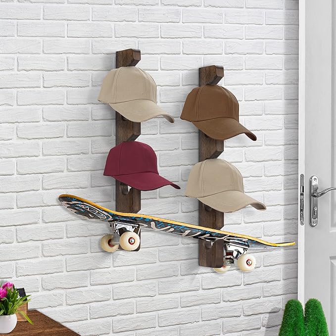 Hat Rack for Wall Baseball Cap Organizer Hanger (2 Pack) Modern Wooden Hat Holder Wall-Mounted Caps Display for Closet Door B
