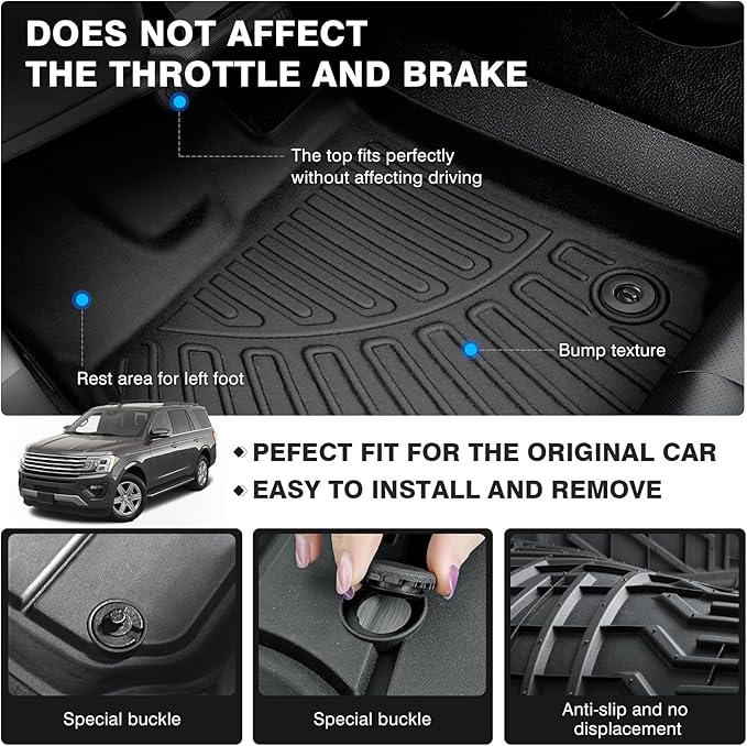 Powerty Floor Mats for 2018-2024 Ford Expedition (Fit for 2nd Row Bench Seat/ 8 Seaters) Accessories All Weather Floor Liner 3D TPE 1st & 2nd Row Floor Mat Heavy-Duty Floor Liners