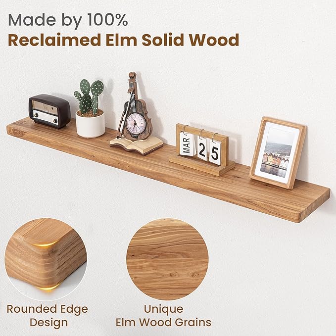 Floating Shelves for Wall, 48"Wx8"D Rustic Solid Elm Wood Floating Shelves Wall Mounted, Round Edge Wall Shelves with Invisib